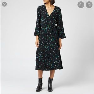 GANNI Floral -Print Crepe MIDI wrap dress size Small